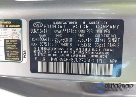 2018 Hyundai Santa Fe Se from USA, damaged, VIN KM8SM4HF8JU270600